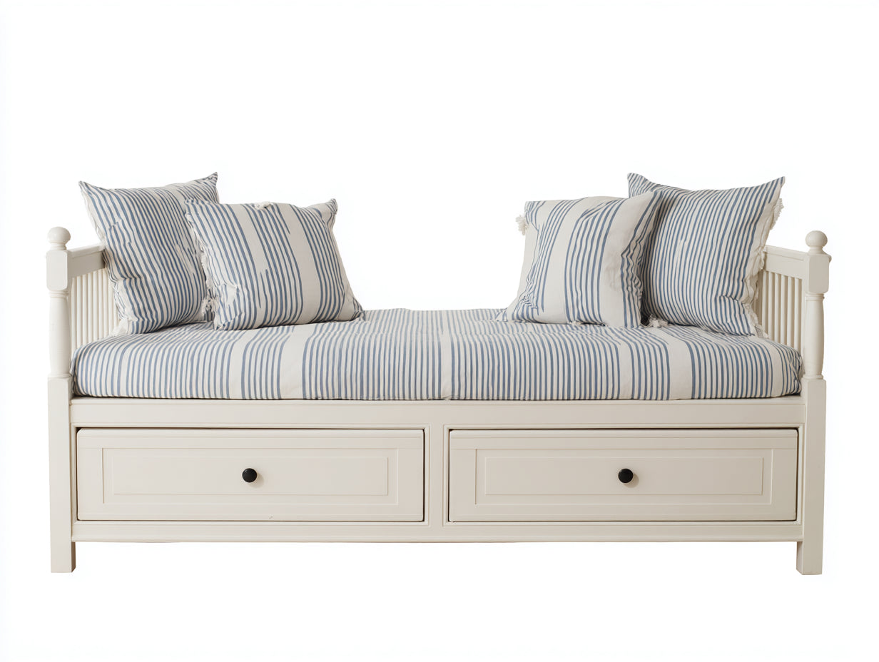 Schlafsofa Holzrahmen 205x95x95 cm - Cremeweiß-Blau-Weiß - für Wohnzimmer und Gästezimmer - Tagesbett Design mit 2 Schubladen