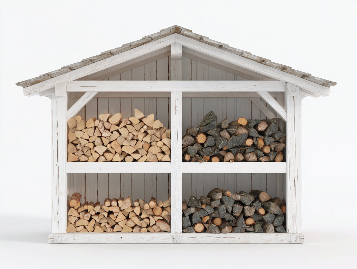 Kaminholzregal aus Holz 240 x 80 x 220 cm - Weiß - Mit Satteldach und 4 Fächern
