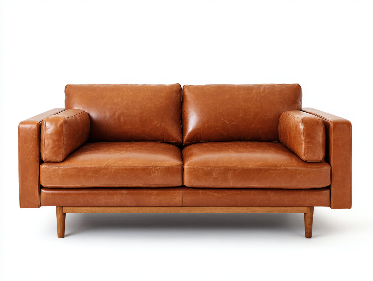 Zweisitzer Sofa Lederbezug 180x88x82 cm - Cognacbraun-Naturholz - für Wohnzimmer - modernes Design mit Holzbeinen