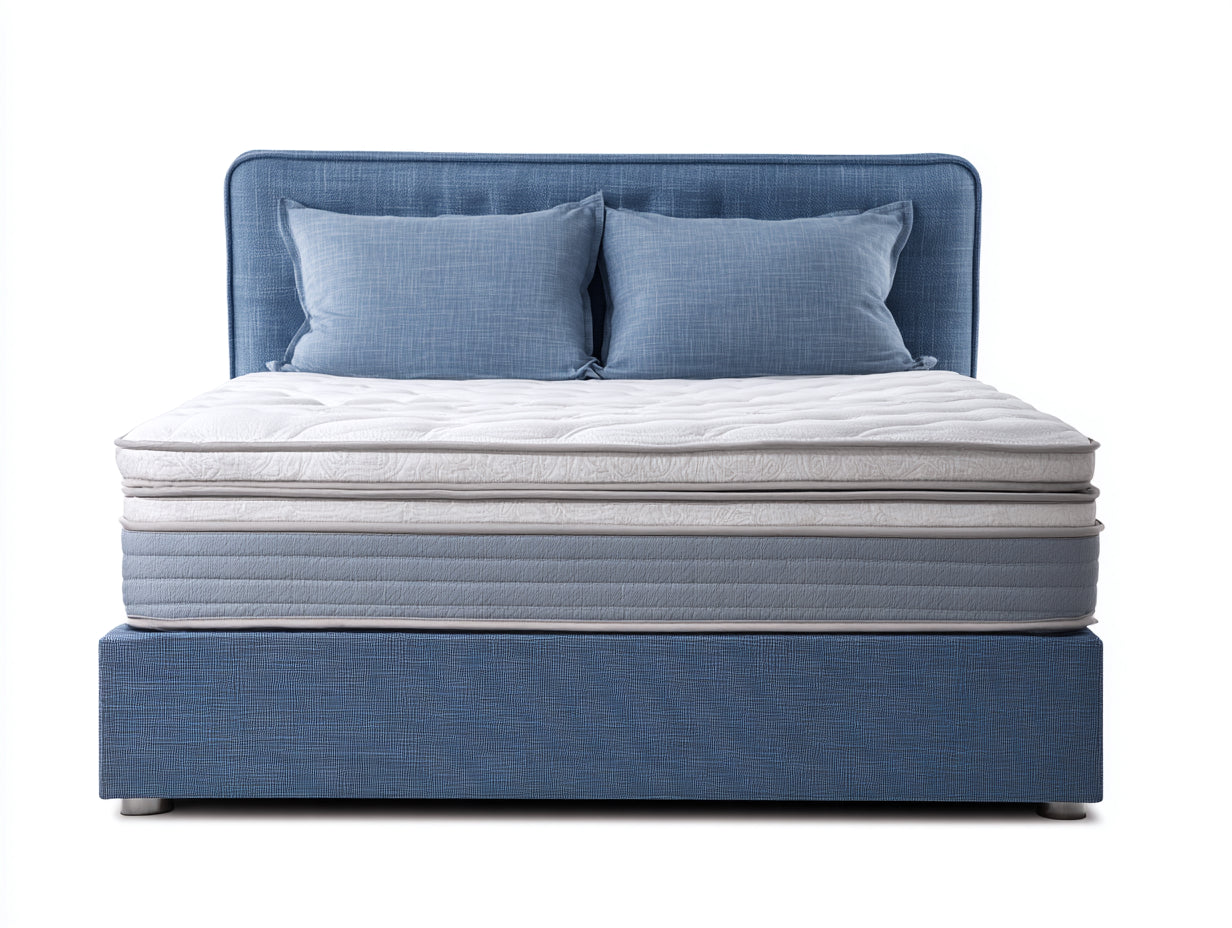 Doppelbett Stoffbezug 210x180x108 cm - Blau-Weiß - für Schlafzimmer - gepolstertes Kopfteil mit Boxspring Optik