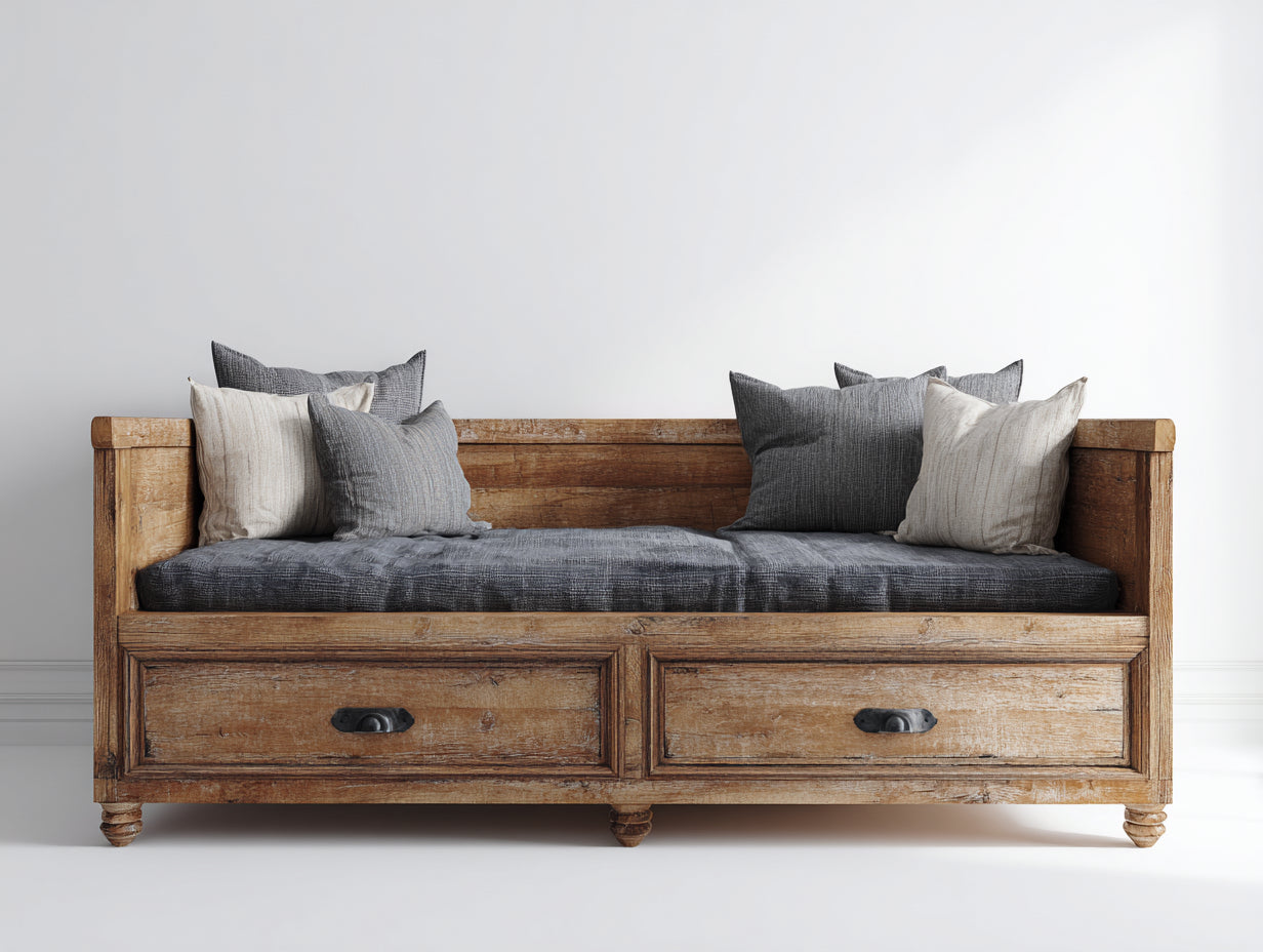 Schlafsofa Holz 205x90x86 cm - Braun-Dunkelgrau - mit 2 Schubladen im Landhausstil