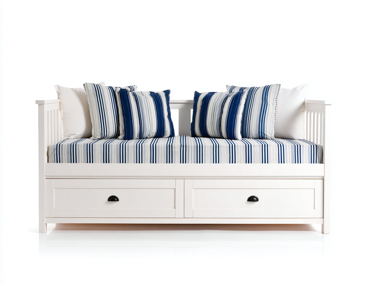 Schlafsofa Holzrahmen 200x90x86 cm - Weiß und Blau - Tagesbett mit 2 Schubladen