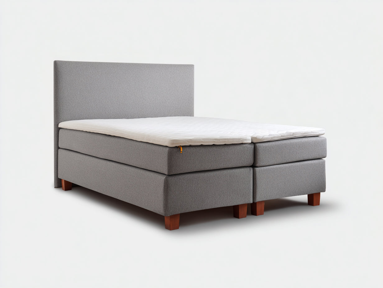 Doppelbett Stoffbezug 210x180x105 cm - Grau-Weiß-Naturholz - für Schlafzimmer - Boxspring Optik mit gepolstertem Kopfteil