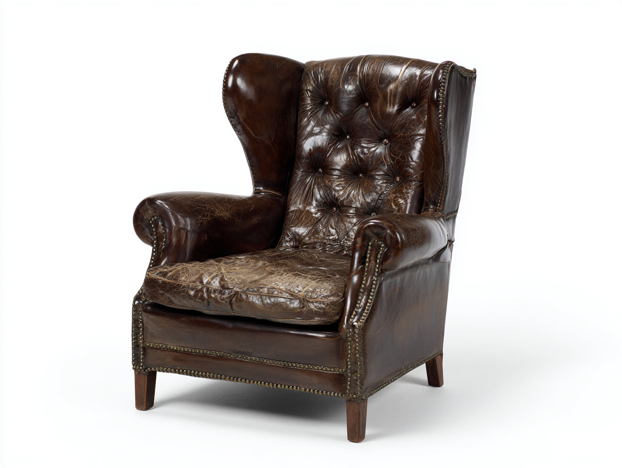 Sessel Lederbezug 85x90x110 cm - Dunkelbraun - für Wohnzimmer - Ohrensessel mit Knopfheftung