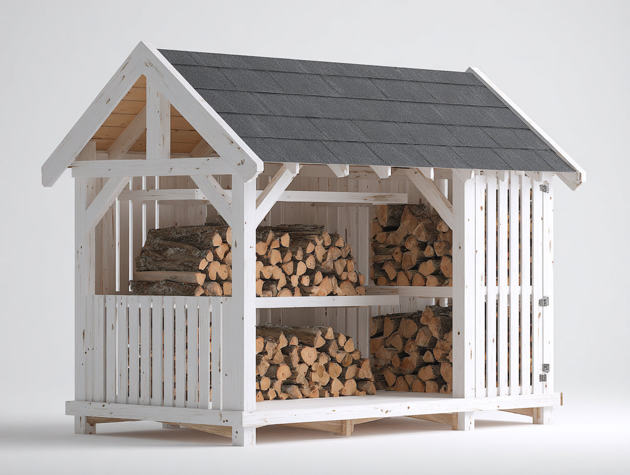 Kaminholzregal Holz 300x110x210 cm - Weiß und Grau - mit Satteldach für Garten